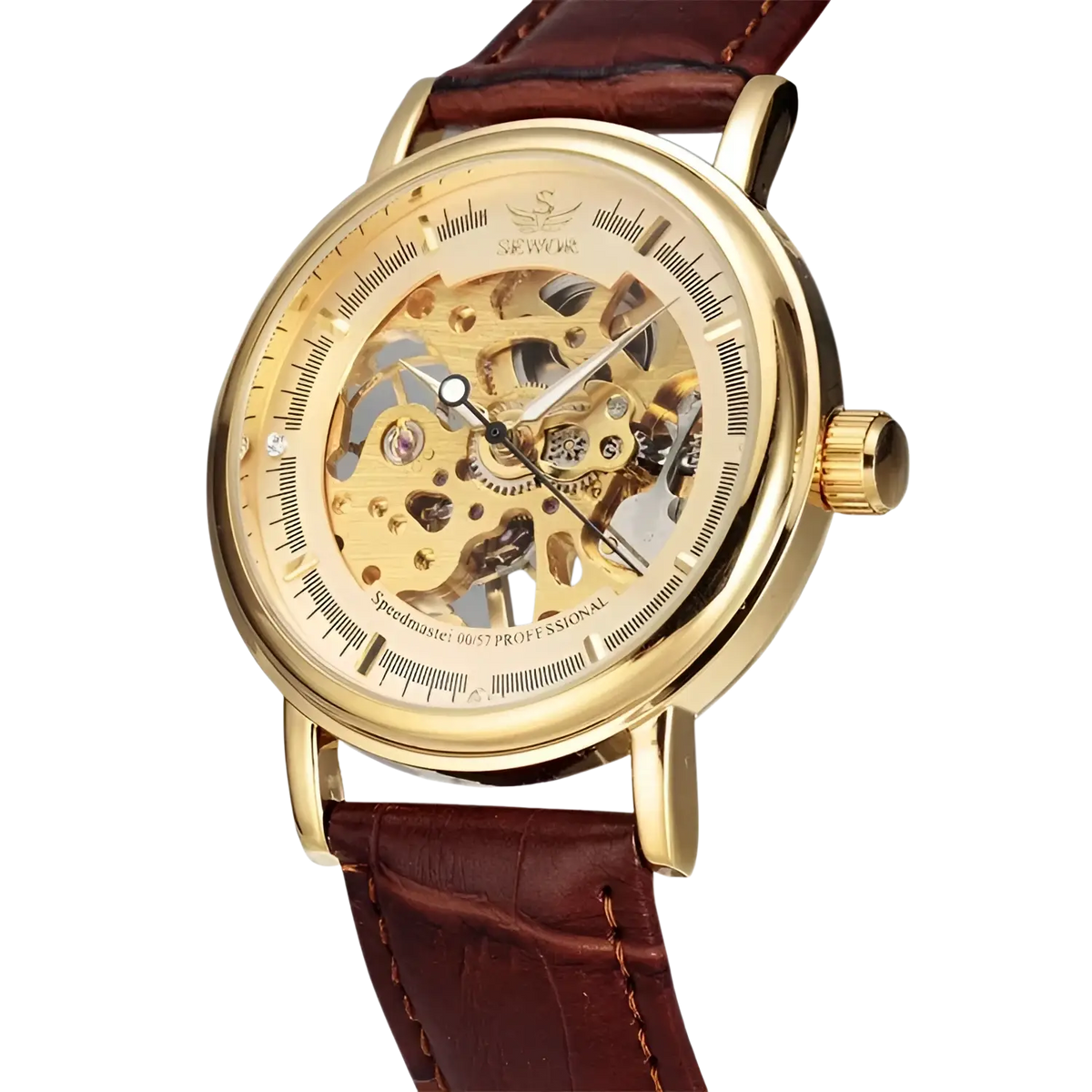 Men mechanical skeleton watch with gold-toned visible movement and brown pu leather band by Sewor