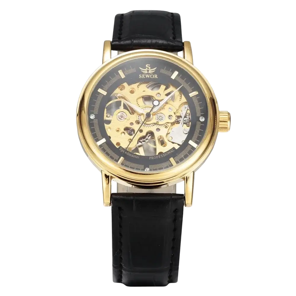 Men mechanical skeleton watch with gold-toned case, visible gears, and black pu leather band for stylish wear