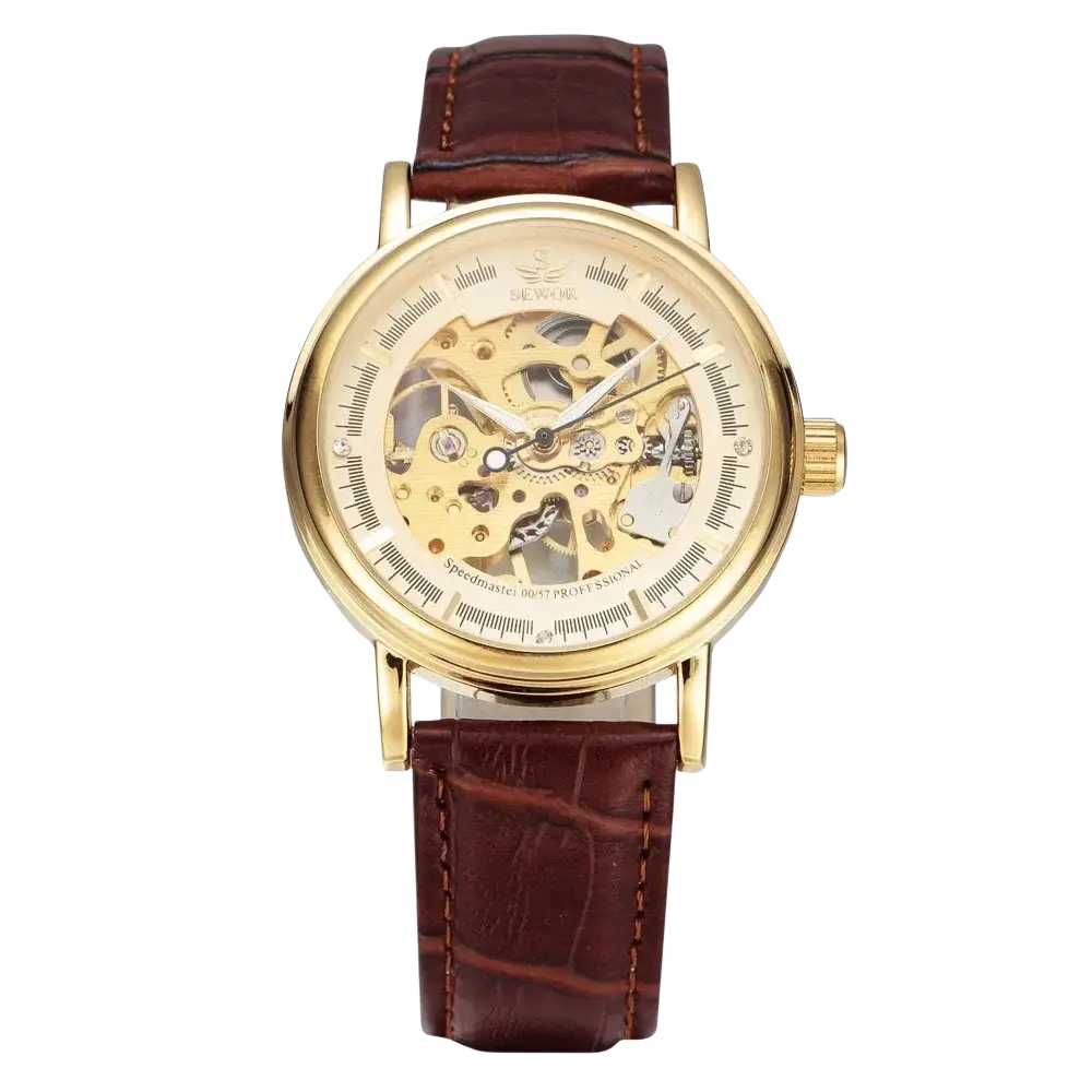 Men mechanical skeleton watch with gold-toned visible mechanical movement and brown crocodile-patterned pu leather band