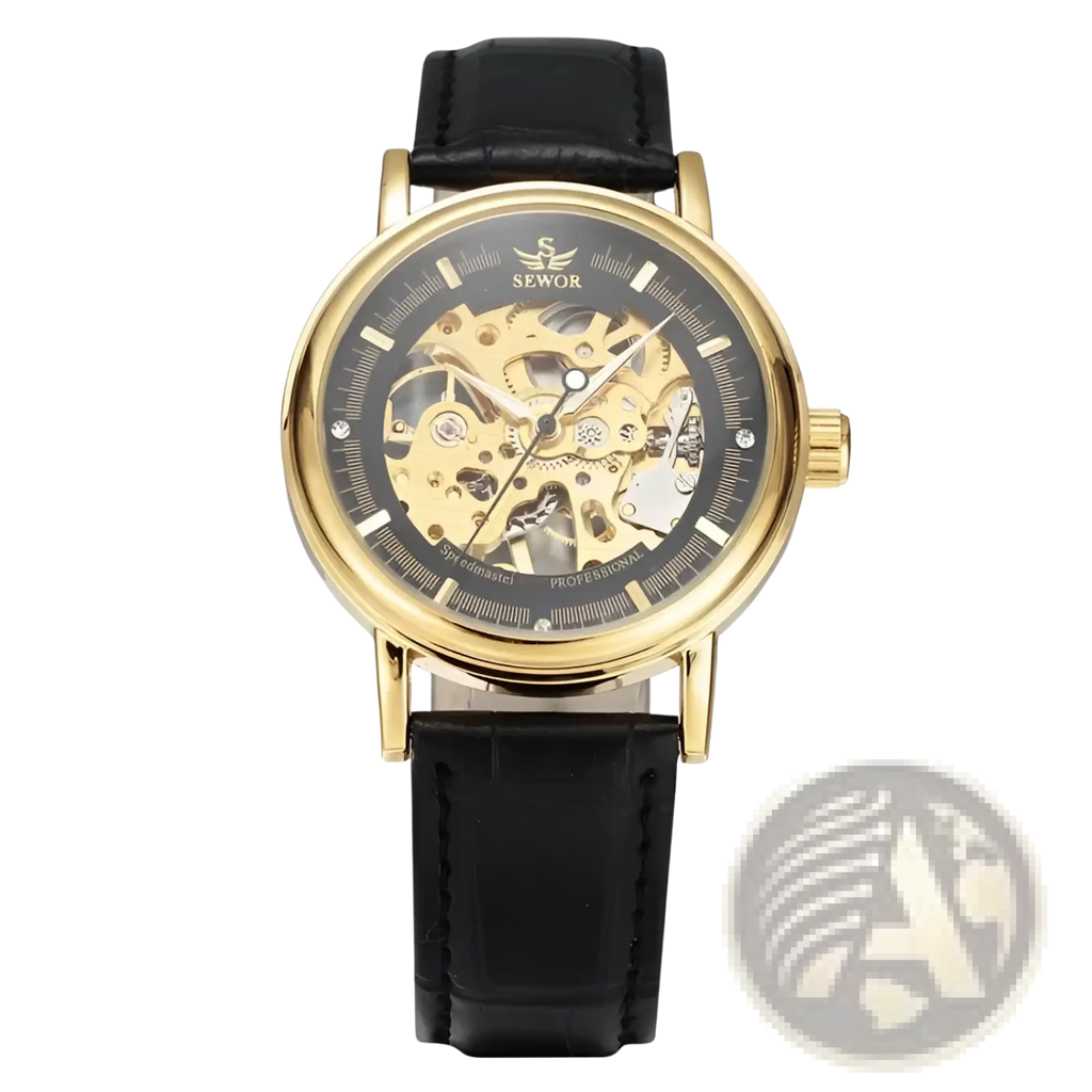 Men mechanical skeleton watch with gold-toned case, black pu leather band, and visible internal gears