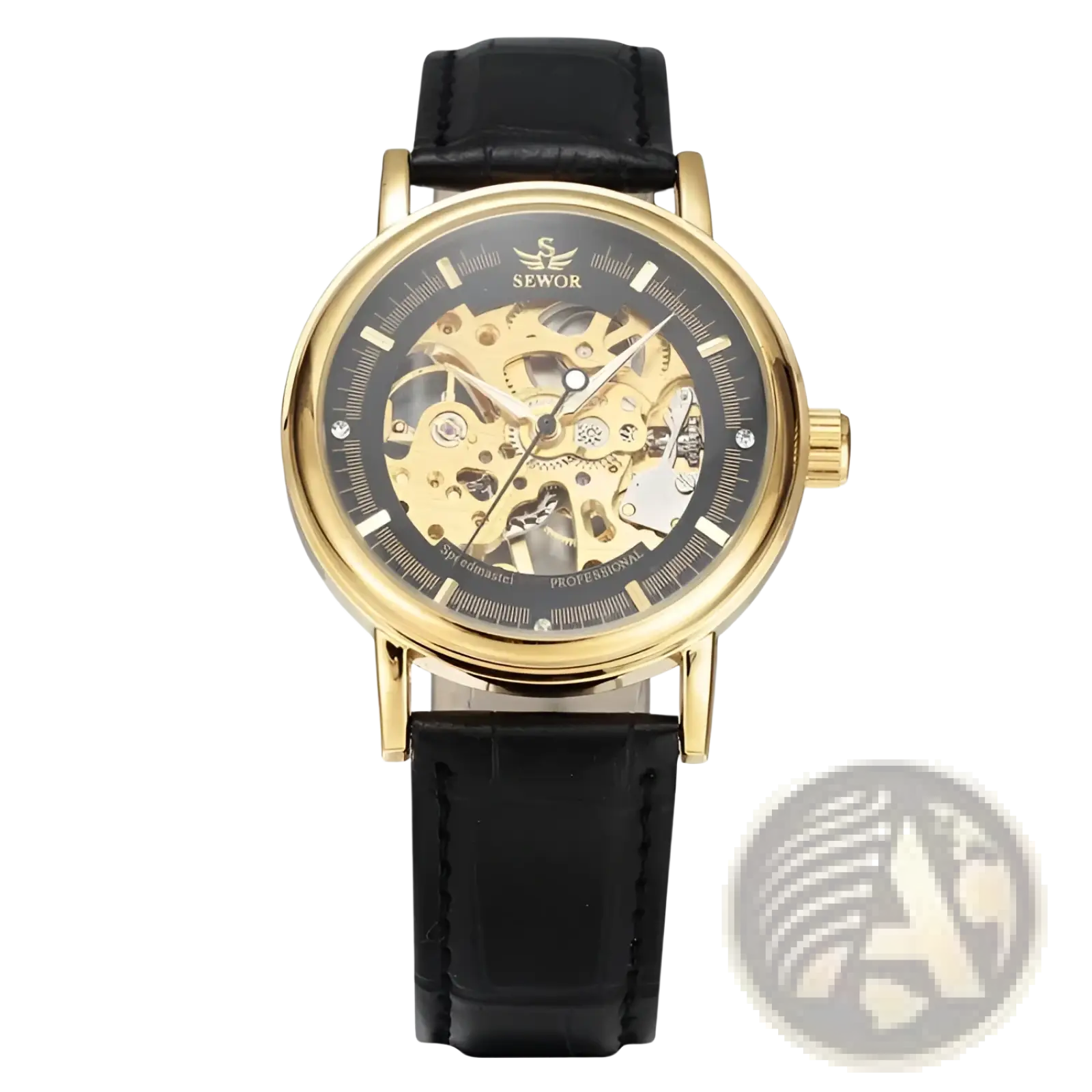 Men mechanical skeleton watch with gold-toned case, black pu leather band, and visible internal gears