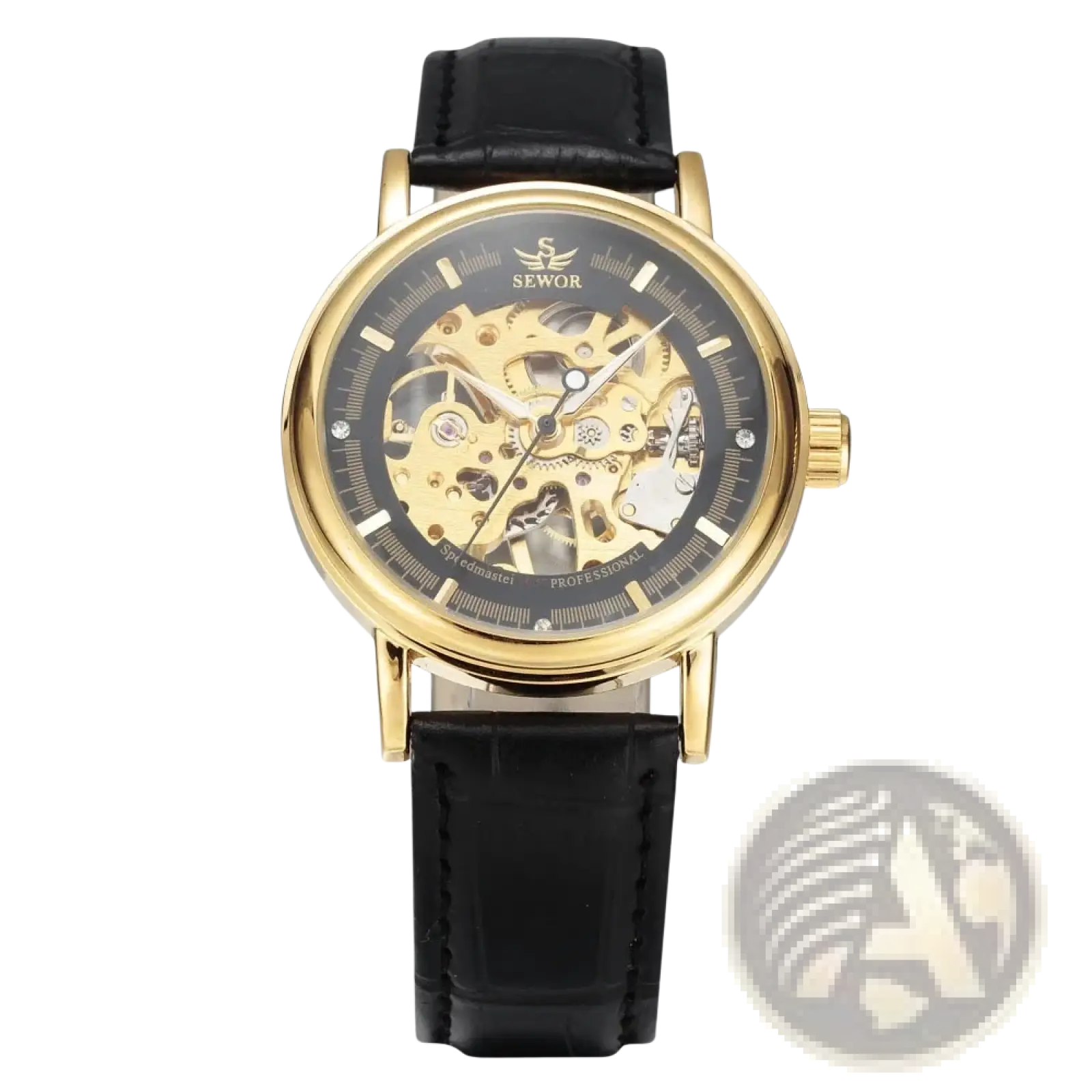 Men mechanical skeleton watch with gold-toned case, visible gears, and black pu leather band for stylish wear