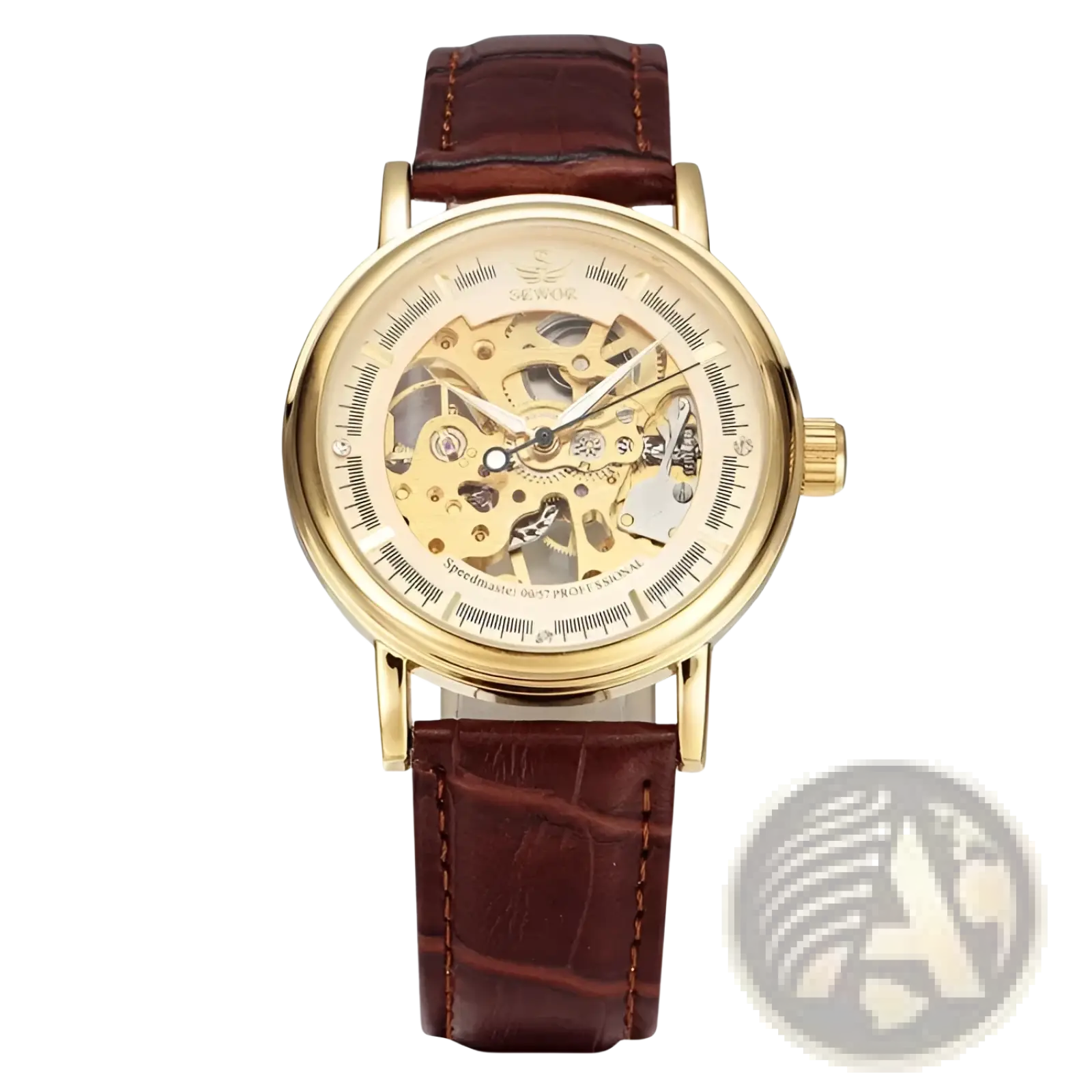 Men mechanical skeleton watch with gold-toned case brown crocodile-pattern pu leather band and visible gears
