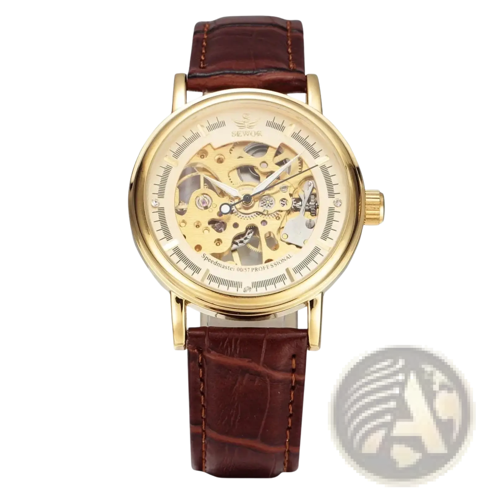 Men mechanical skeleton watch with gold-toned visible mechanical movement and brown crocodile-patterned pu leather band