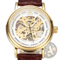 Men mechanical skeleton watch with gold-toned case white dial exposed gears brown pu leather band by Sewor