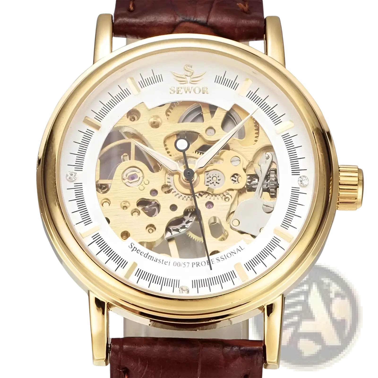 Men mechanical skeleton watch with gold-toned case white dial exposed gears brown pu leather band by Sewor