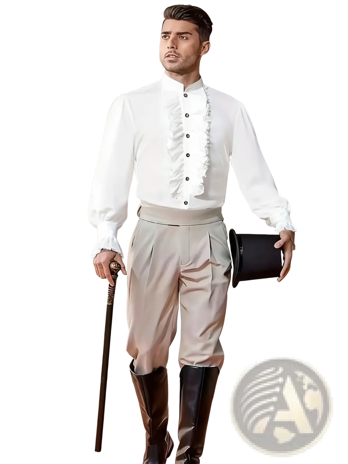 Men medieval ruffled white cotton button-up shirt with front and cuff details for renaissance cosplay use