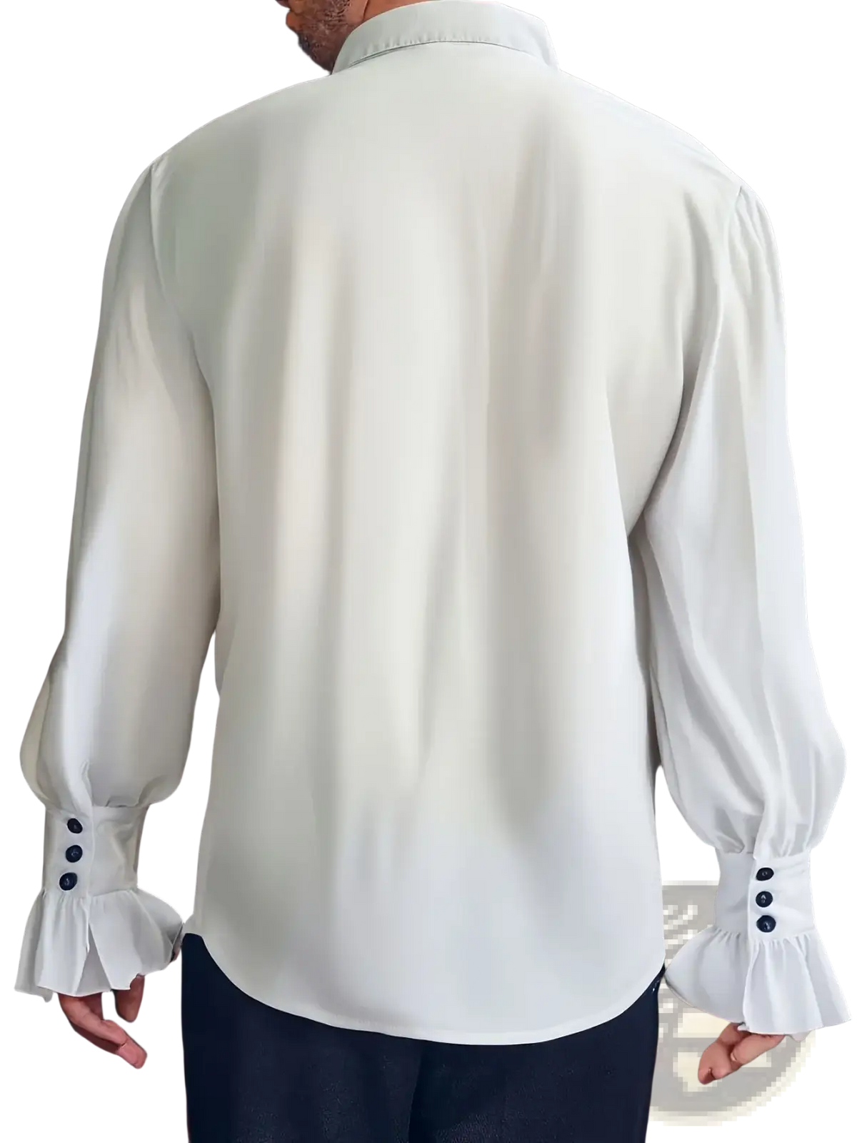 Men medieval ruffled shirt in crisp white with long sleeves and black buttons for renaissance cosplay top