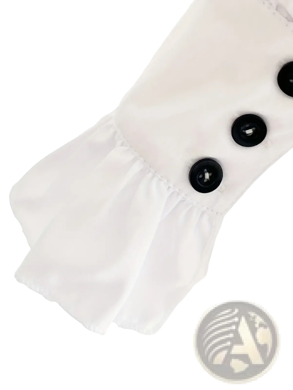 White fabric sleeve of men medieval ruffled shirt with black buttons and ruffled hem for renaissance cosplay top