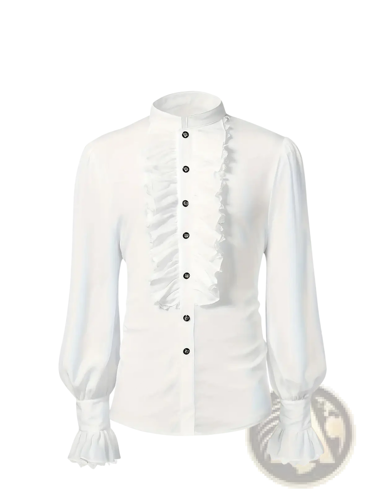 Men medieval ruffled shirt white blouse with ruffled front placket and cuffs featuring long puffed sleeves for renaissance cosplay
