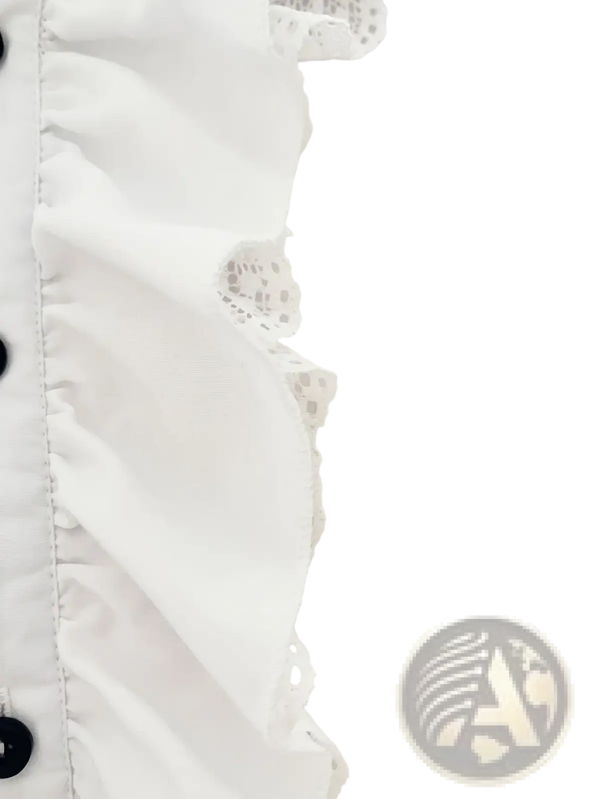 White ruffled lace trim with delicate eyelet detailing on the edge of a men medieval ruffled shirt for renaissance cosplay