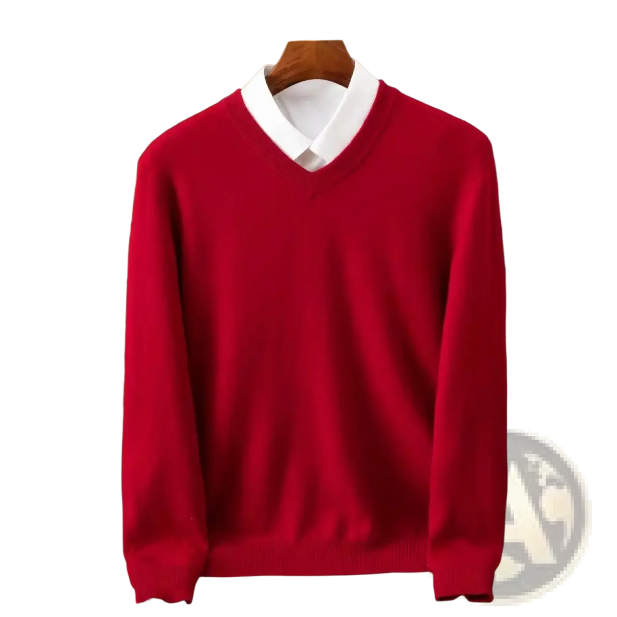 Men merino cashmere v neck sweater in red knit displayed with white collared shirt on wooden hanger
