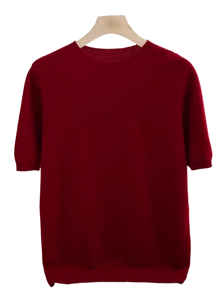 Men merino wool short sleeve sweater in rich burgundy knit with round neckline displayed on wooden hanger
