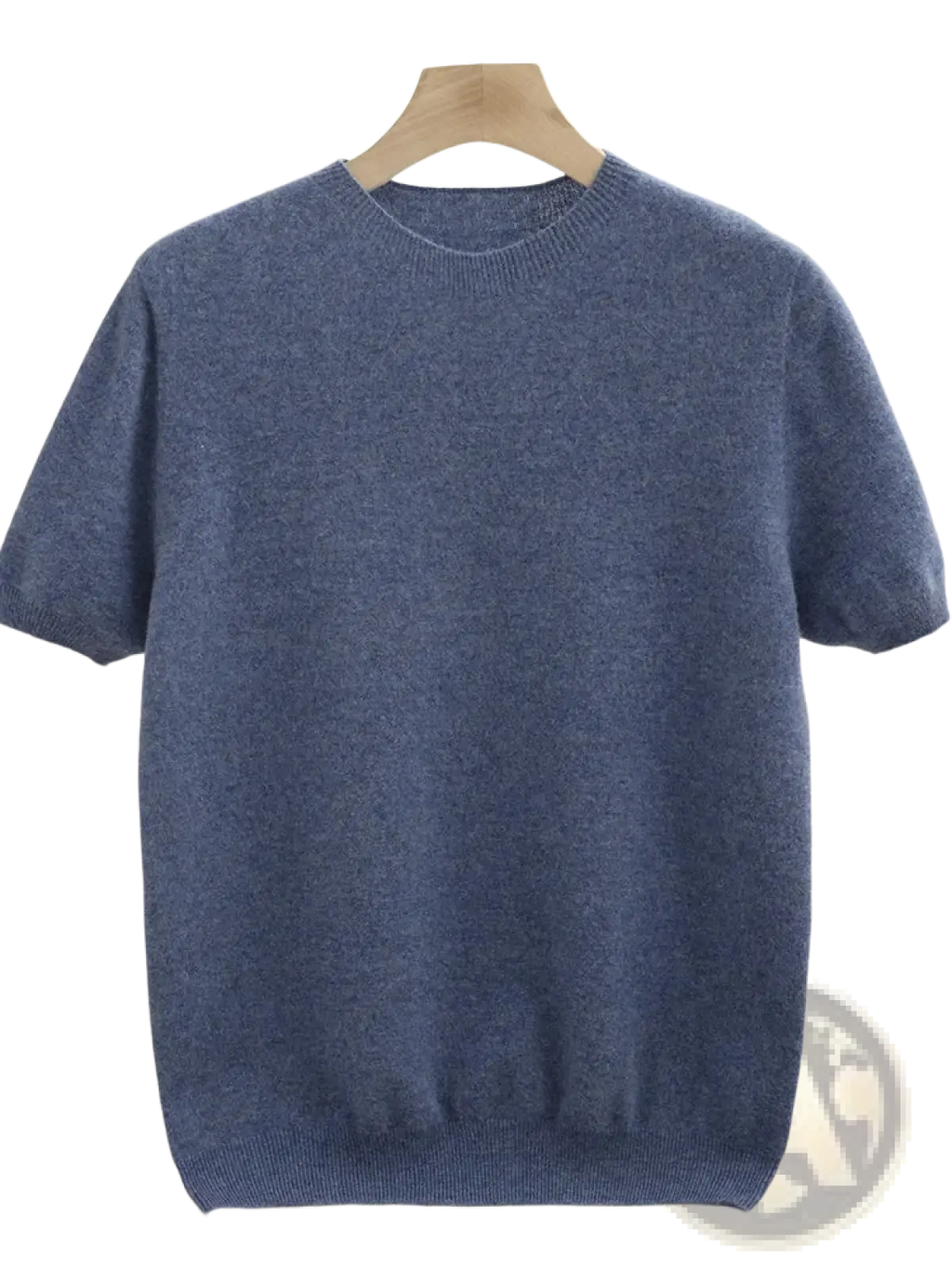 Men merino wool short sleeve sweater in soft heathered blue knit with round neckline and ribbed cuffs