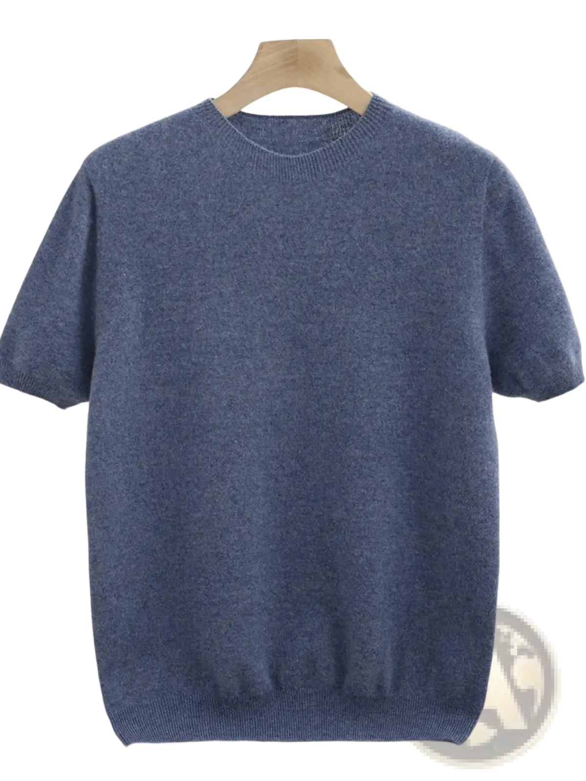 Men merino wool short sleeve sweater in soft heathered blue knit with round neckline and ribbed cuffs