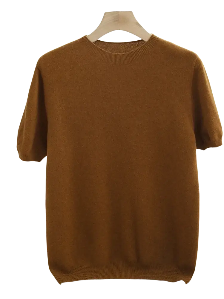 A soft warm brown men merino wool short sleeve sweater with ribbed crew neckline and hem