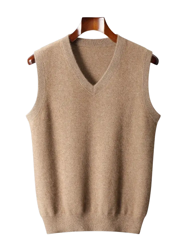 Beige men merino wool v-neck sleeveless sweater vest hanging on wooden hanger showing front side