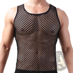 Men mesh tank top in black breathable mesh fabric with a round neckline and fitted sleeveless design for comfort