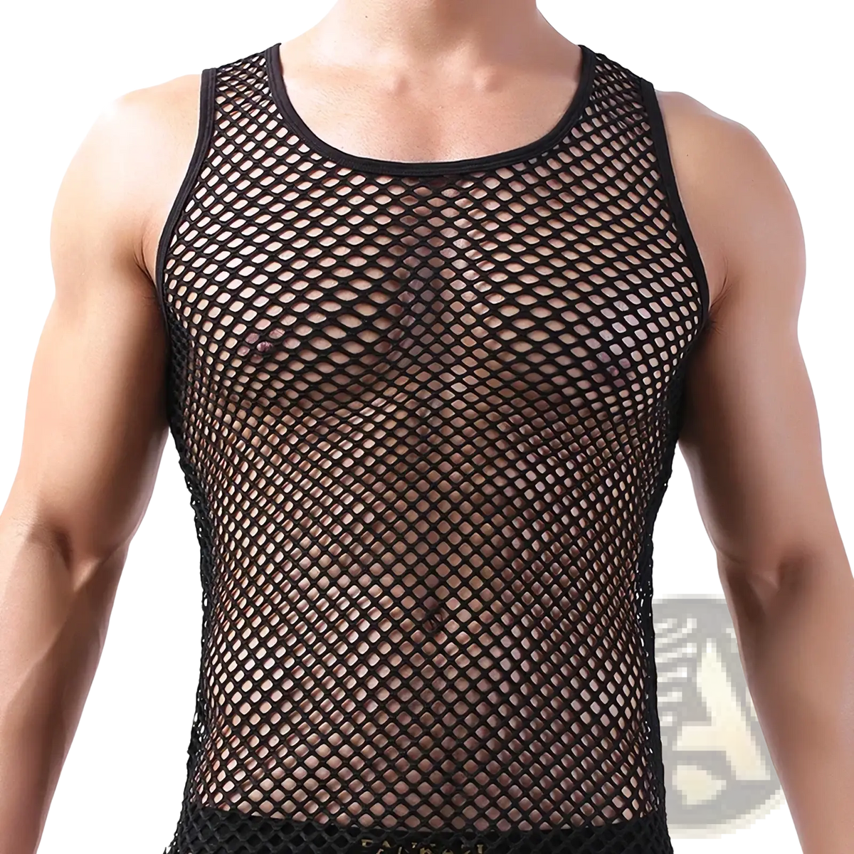 Men mesh tank top in black breathable mesh fabric with a round neckline and fitted sleeveless design for comfort