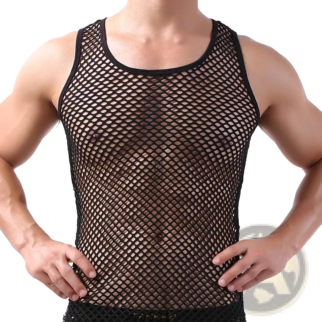 Black breathable mesh tank top for men with round neckline and fitted sleeveless vest design