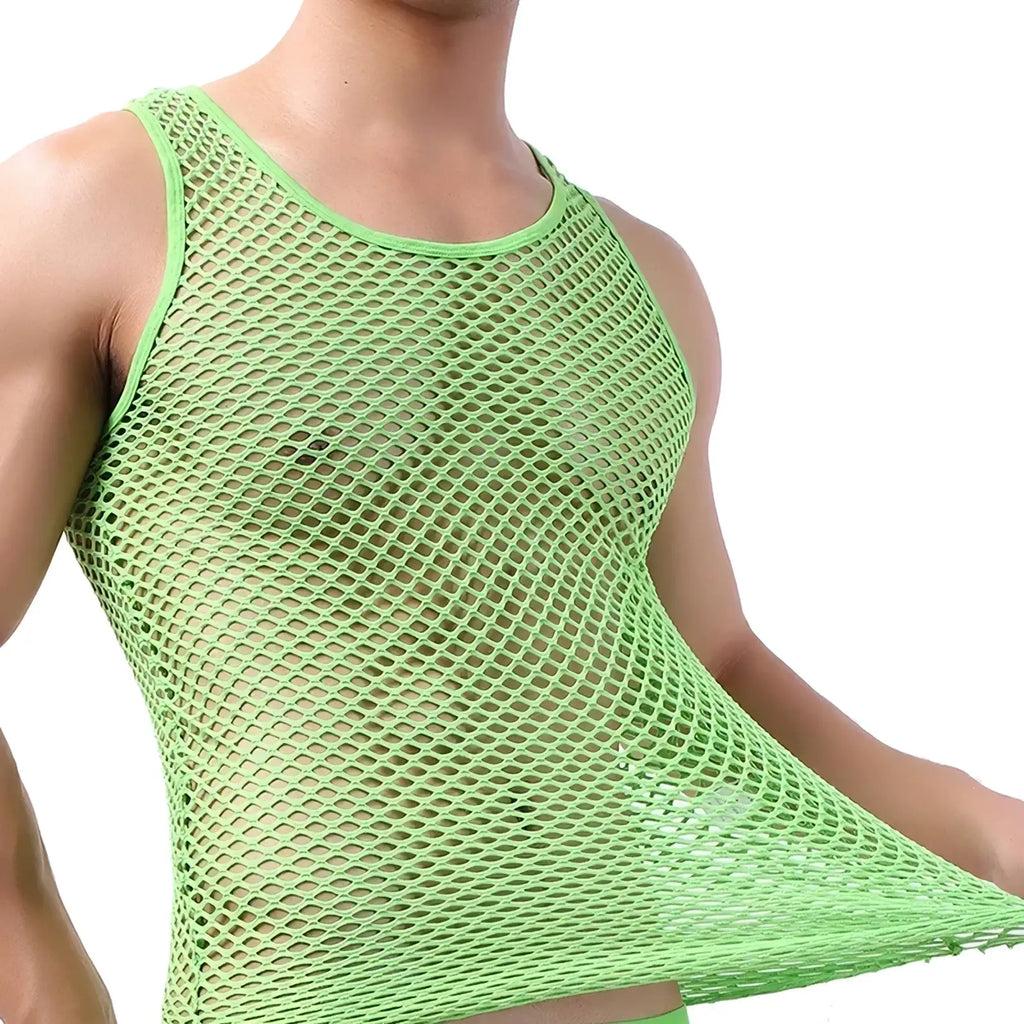 Bright neon green breathable men mesh tank top with a snug, sleeveless, form-fitting design