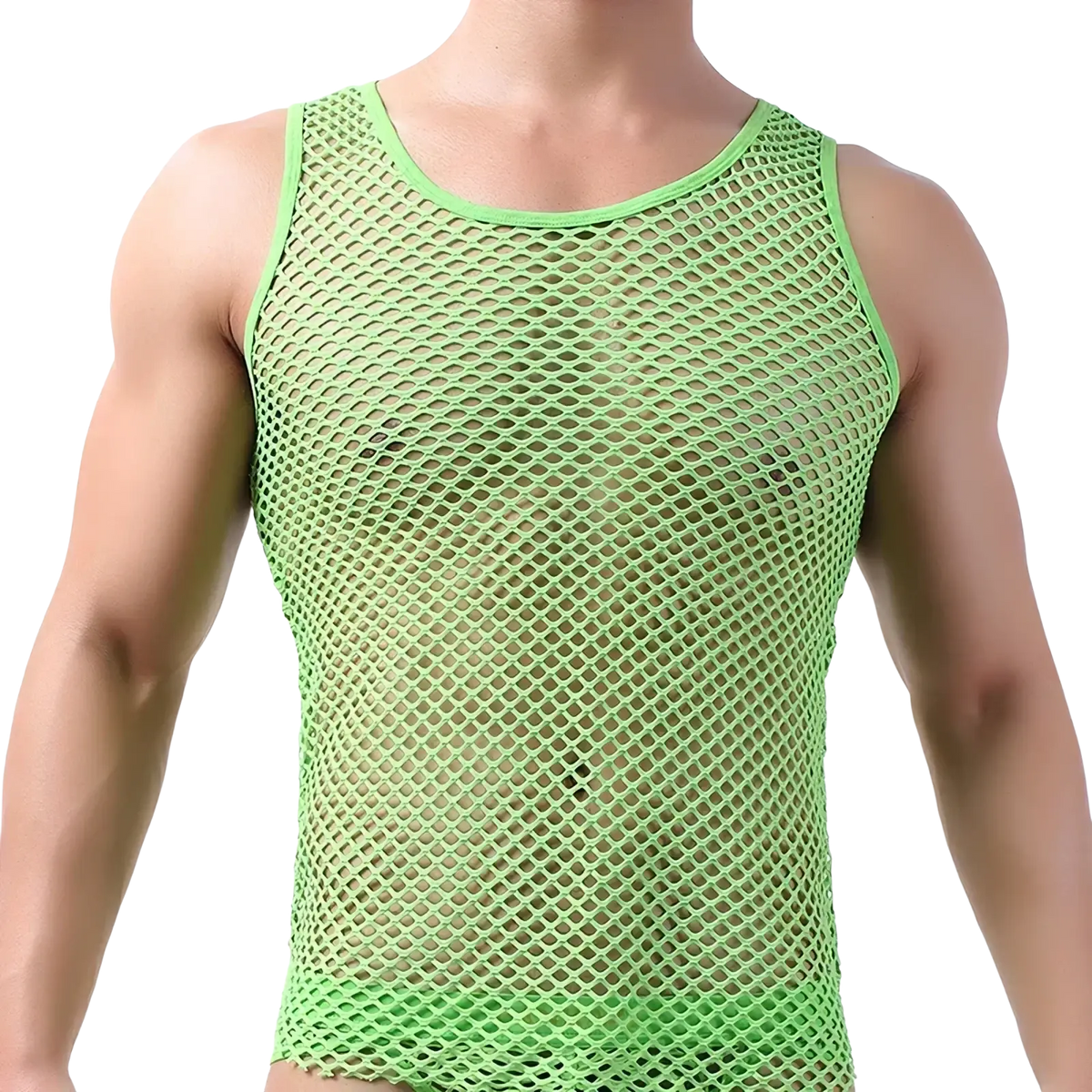 Bright neon green men mesh tank top breathable sleeveless vest with round neckline and fitted design