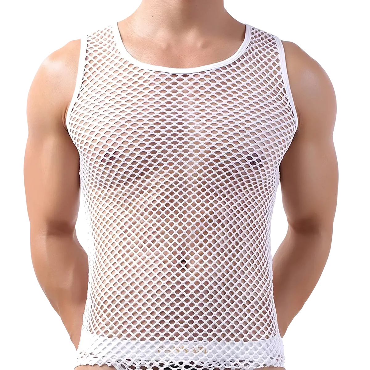 White mesh tank top with rounded neckline and elasticized hem breathable sleeveless vest for men