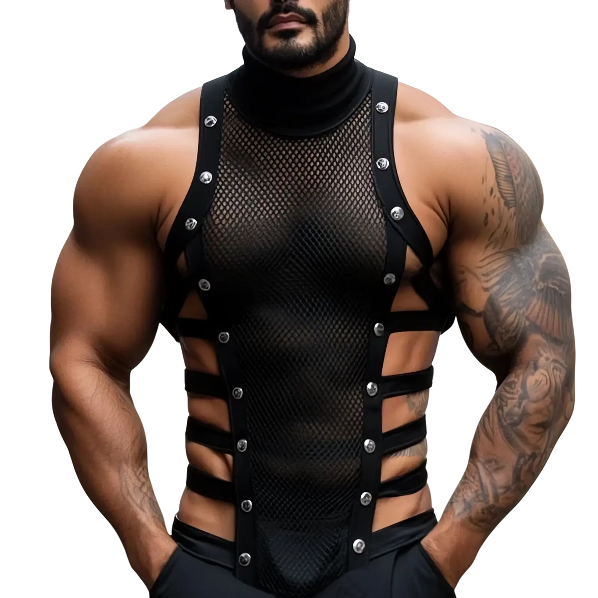 Men mesh turtleneck tank top in black featuring mesh fabric, black straps, and silver-toned buttons