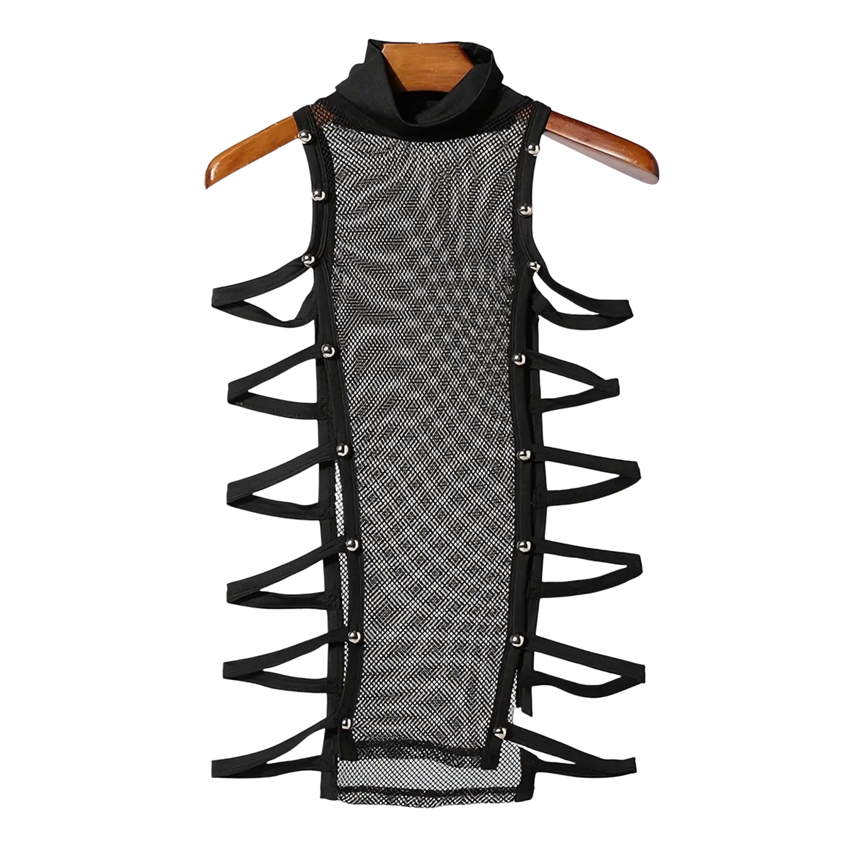 Men mesh turtleneck tank top featuring black mesh sleeveless design with high collar and crisscross straps secured by silver buttons