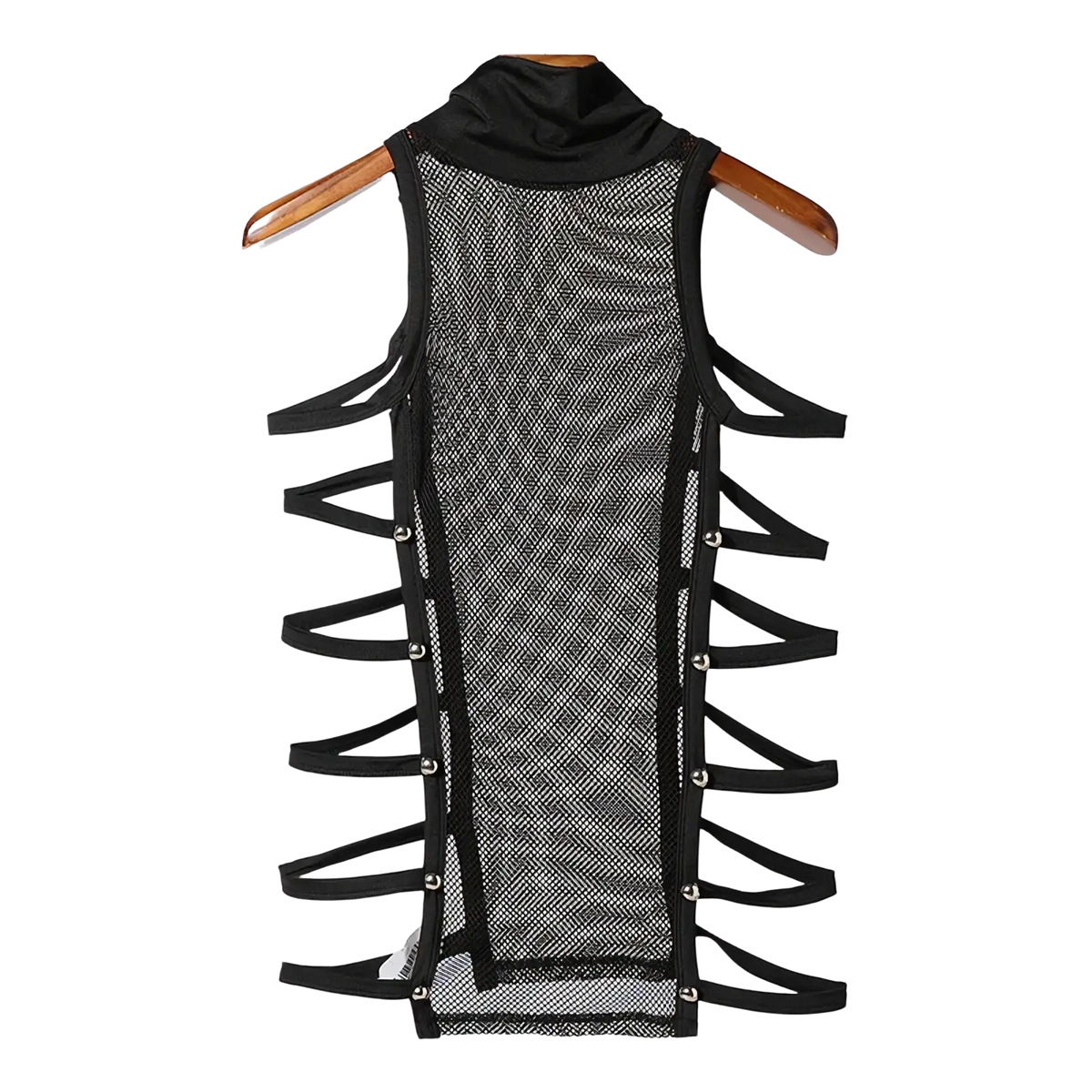 Men mesh turtleneck tank top in black with sleeveless mesh fabric and crisscross straps secured by silver buttons