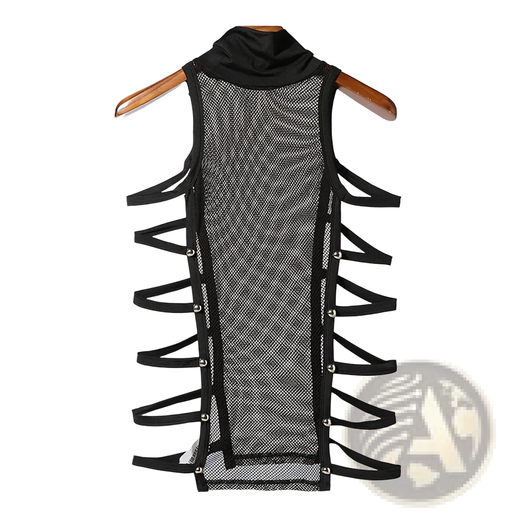 Men mesh turtleneck tank top in black with sleeveless mesh fabric and crisscross straps secured by silver buttons