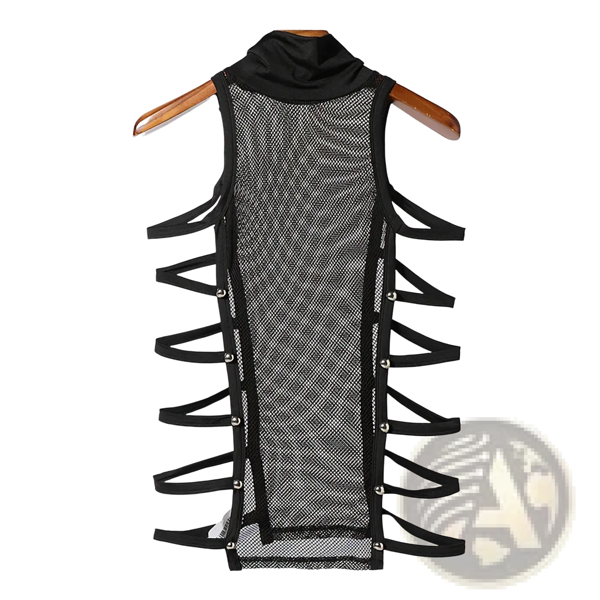Men mesh turtleneck tank top in black with sleeveless mesh fabric and crisscross straps secured by silver buttons