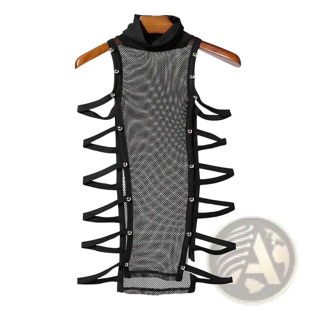 Men mesh turtleneck tank top featuring black mesh sleeveless design with high collar and crisscross straps secured by silver buttons