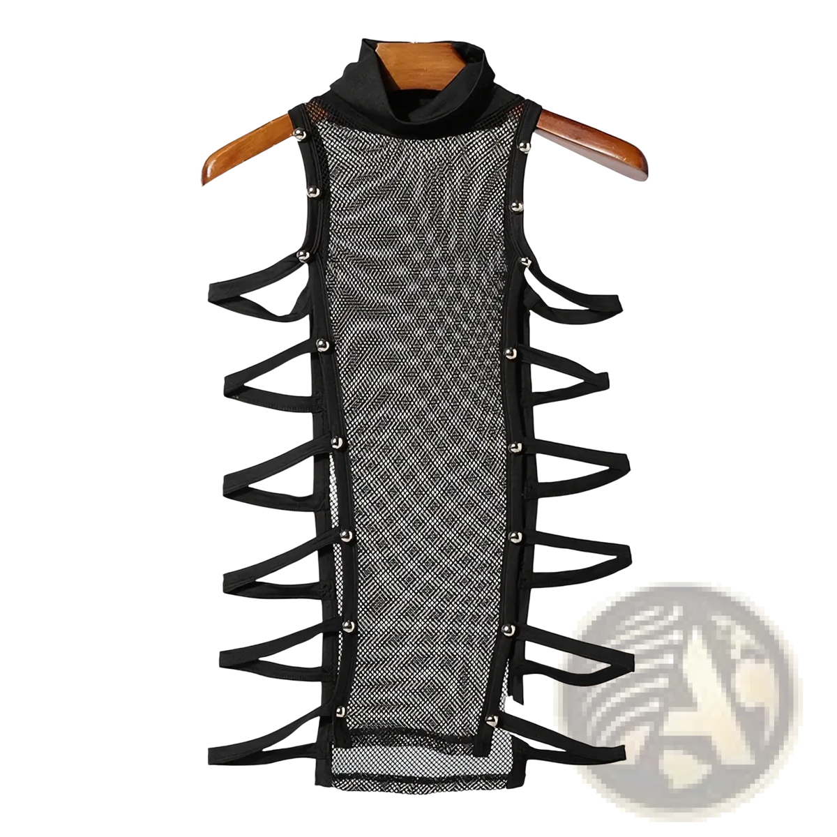 Men mesh turtleneck tank top featuring black mesh sleeveless design with high collar and crisscross straps secured by silver buttons