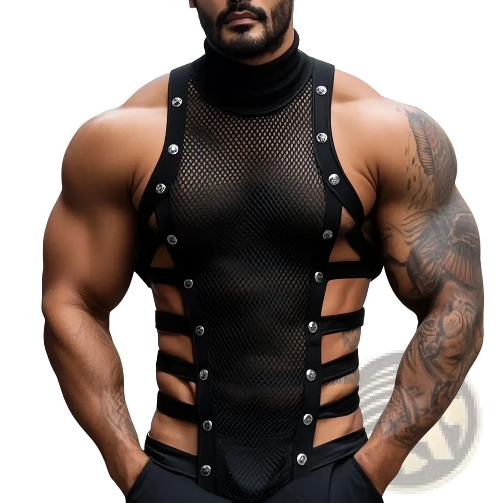 Men mesh turtleneck tank top in black featuring mesh fabric, black straps, and silver-toned buttons