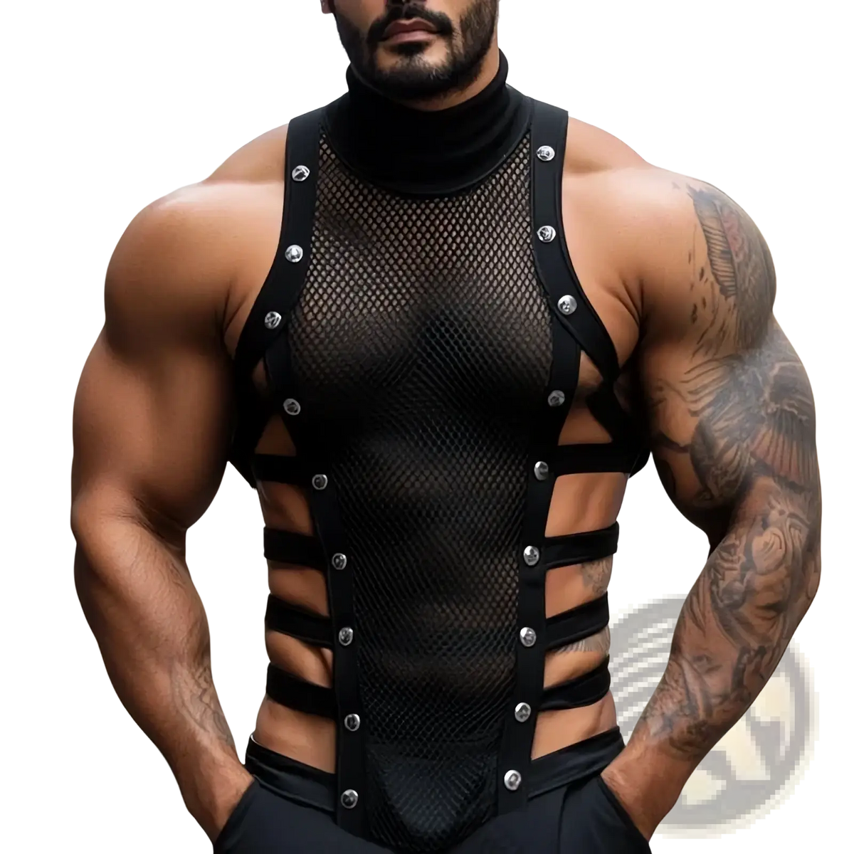Men mesh turtleneck tank top in black featuring mesh fabric, black straps, and silver-toned buttons