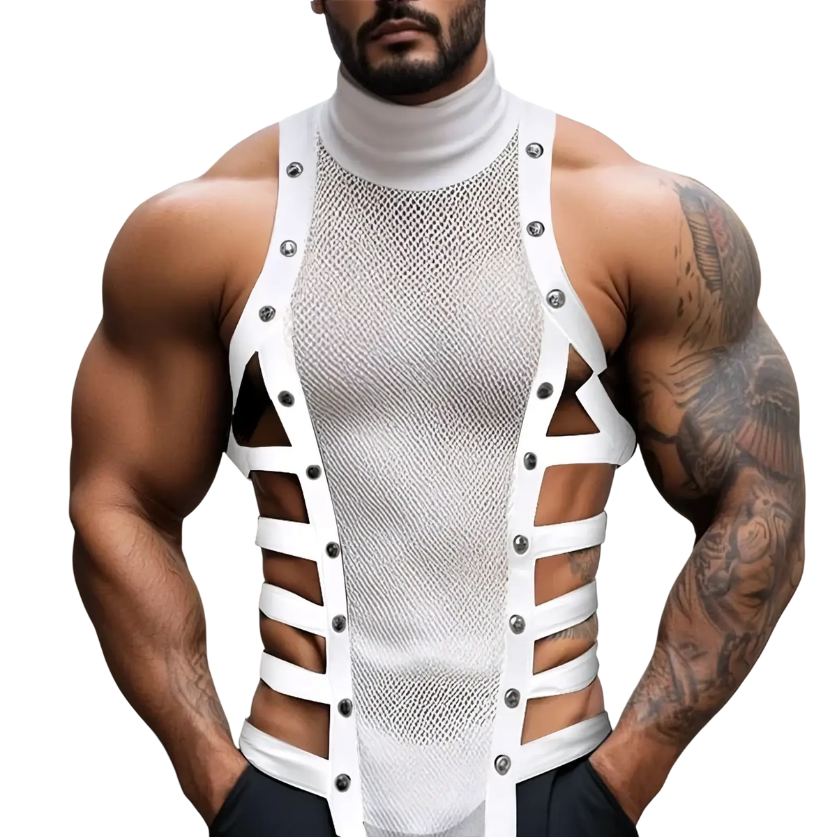 Men mesh turtleneck tank top in white mesh with bold white straps and silver toned hardware accents
