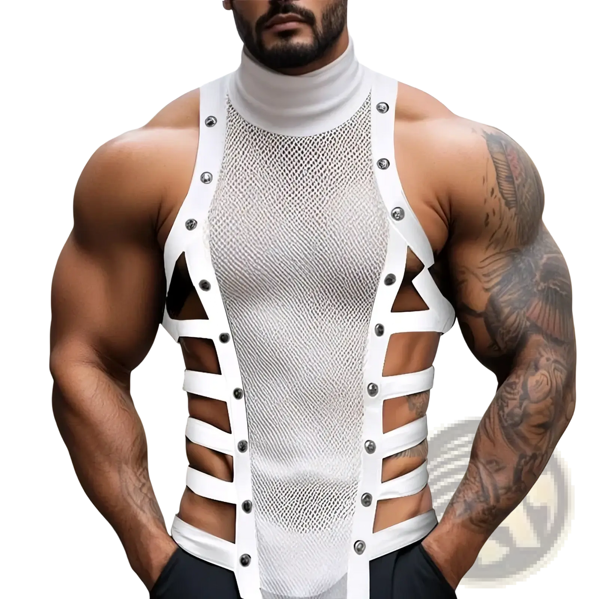 Men mesh turtleneck tank top in white mesh with bold white straps and silver toned hardware accents