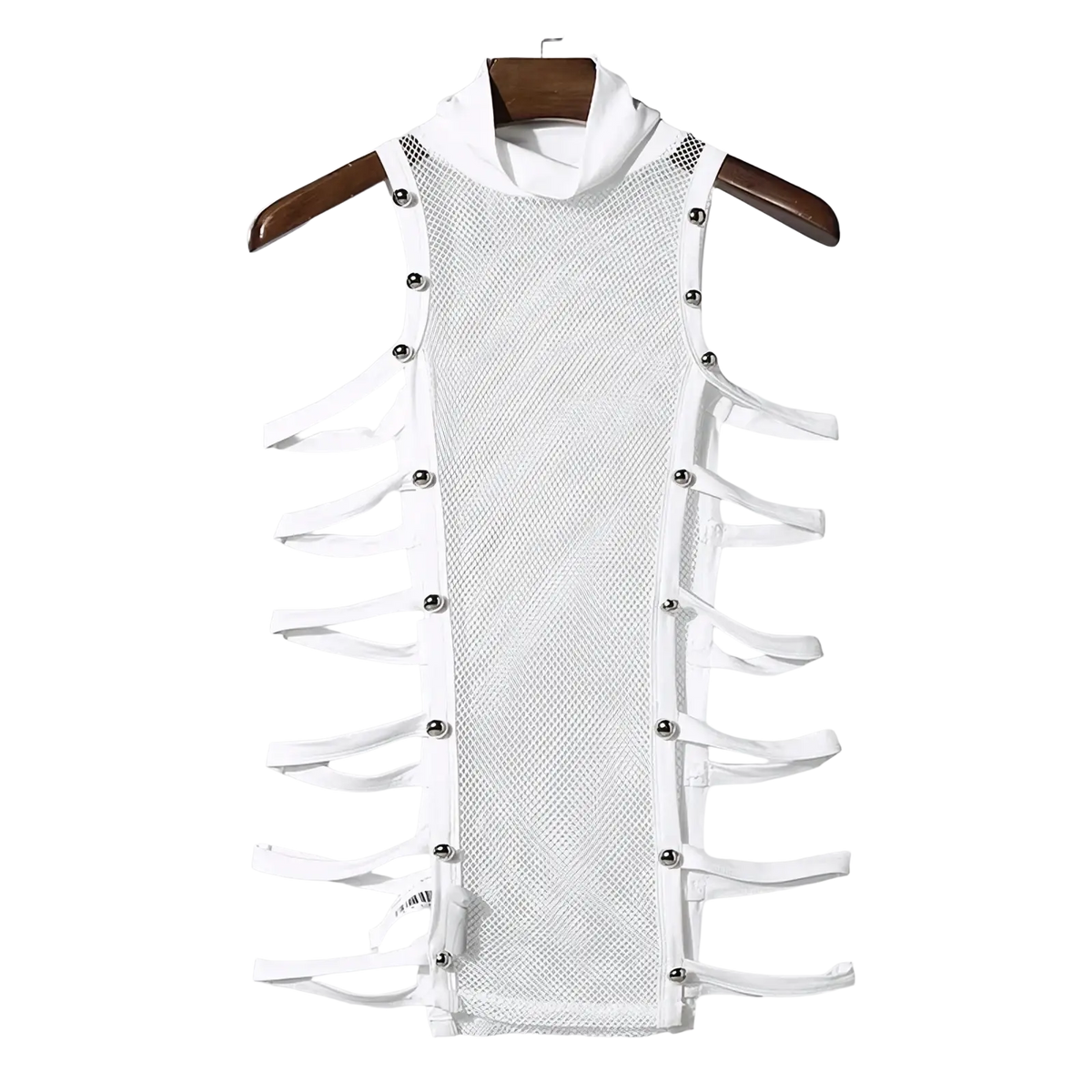 Men mesh turtleneck tank top in white mesh with ribbed collar and silver toned button accents, sleeveless design
