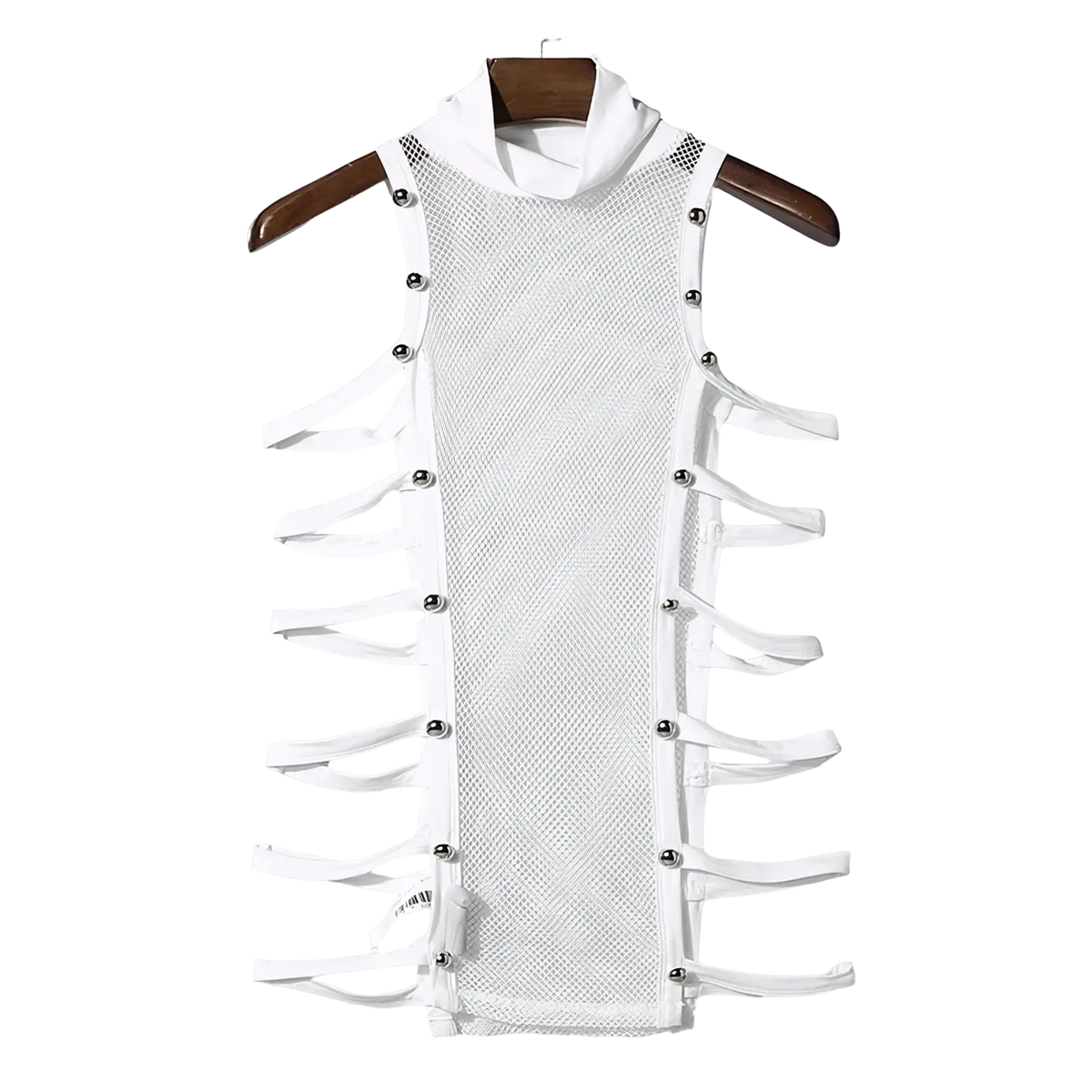 Men mesh turtleneck tank top in white mesh with high collar silver-toned side buttons and asymmetrical white ribbon design