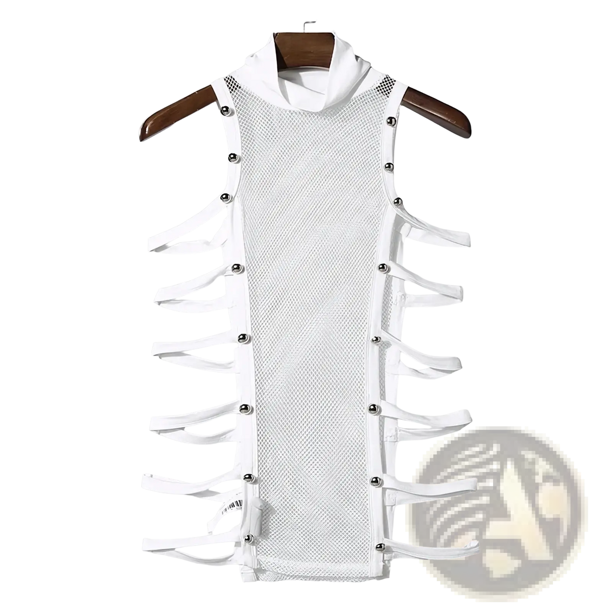 Men mesh turtleneck tank top in white mesh with ribbed collar and silver toned button accents, sleeveless design