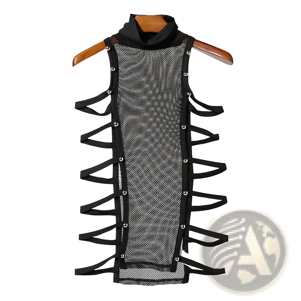 Men mesh turtleneck tank top with black mesh, high collar, crisscross straps, and silver metal stud accents along sides
