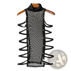 Men mesh turtleneck tank top with black mesh, high collar, crisscross straps, and silver metal stud accents along sides