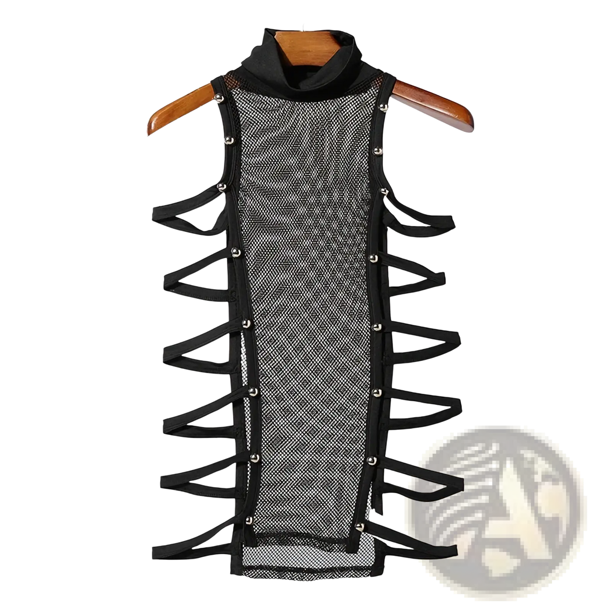 Men mesh turtleneck tank top with black mesh, high collar, crisscross straps, and silver metal stud accents along sides