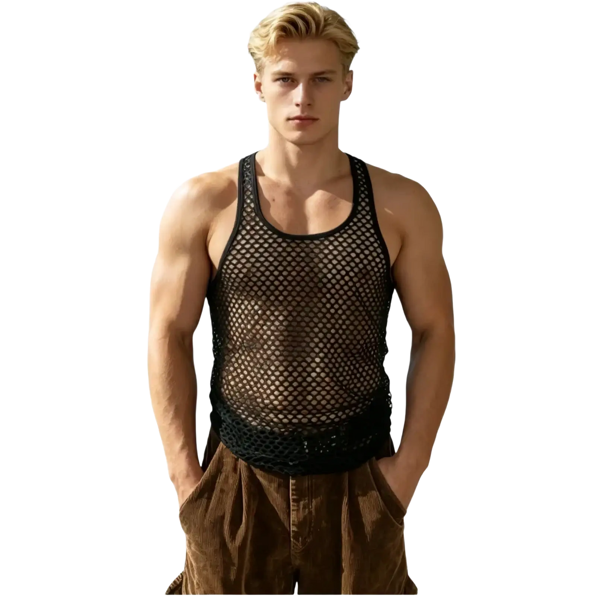 Men mesh workout tank top in black mesh with fitted design and solid black trim along neckline and hem