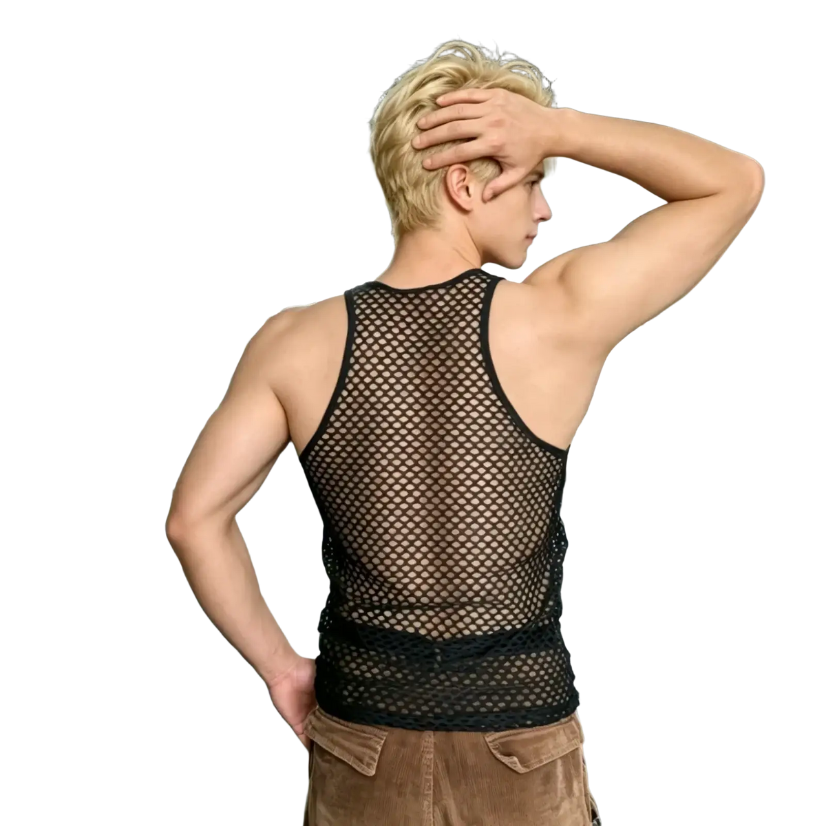 Men mesh workout tank top in black with a fitted form-fitting design made of breathable mesh fabric