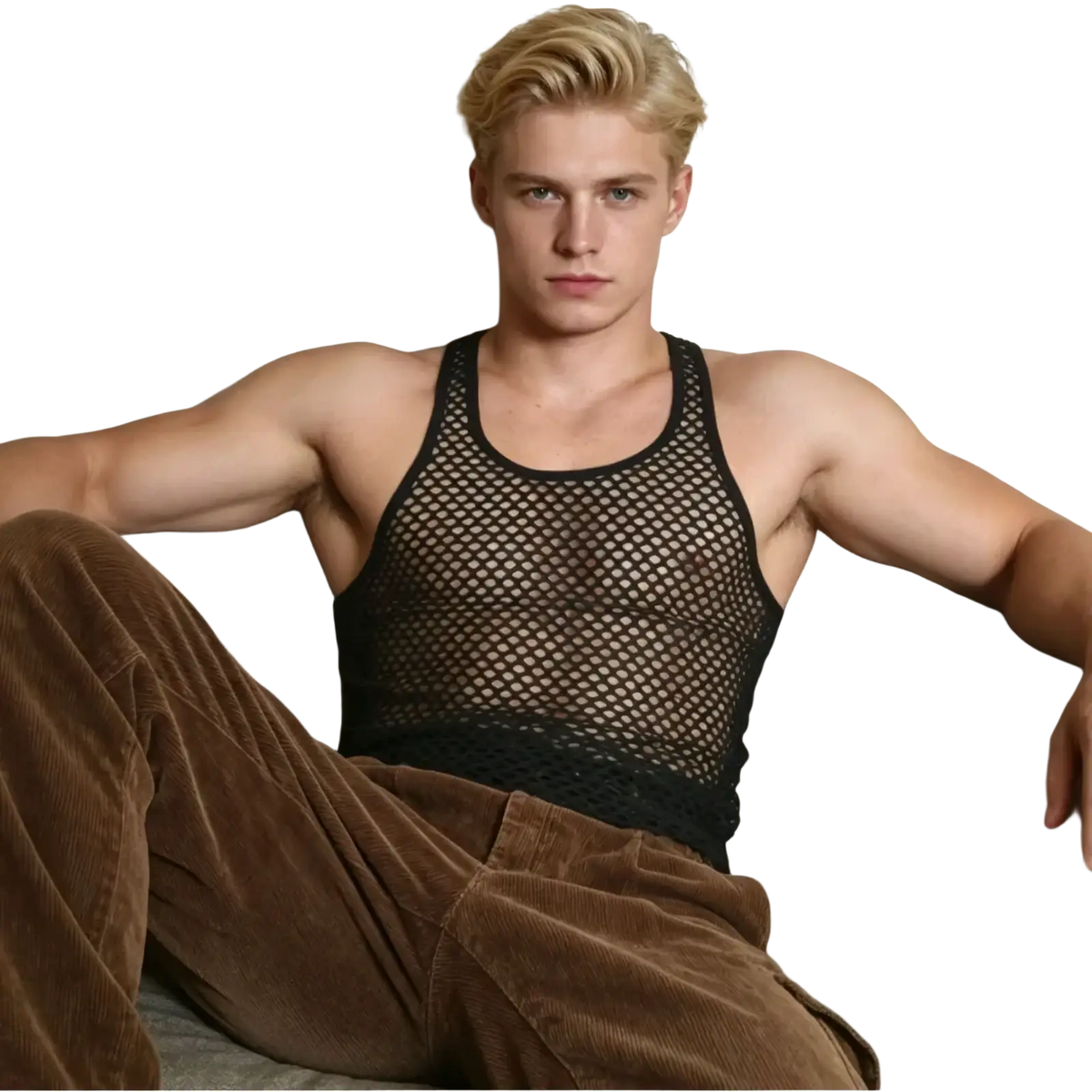 Men mesh workout tank top in black featuring a breathable mesh fabric with solid black trim on neckline and armholes