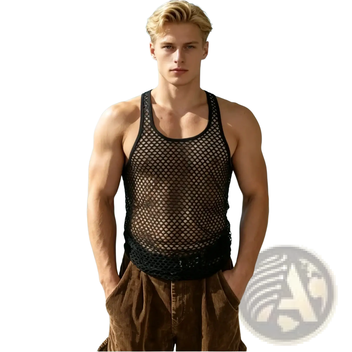 Men mesh workout tank top in black featuring breathable mesh fabric and a solid black band at the bottom