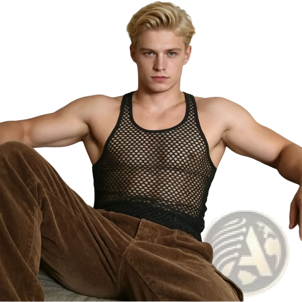 Men mesh workout tank top in black featuring a breathable mesh fabric with solid black trim on neckline and armholes
