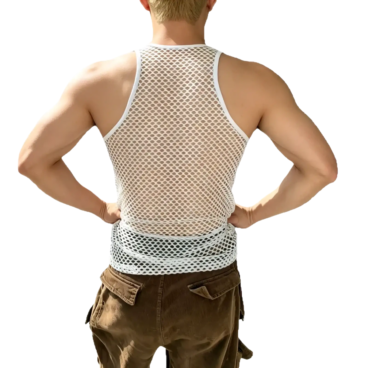 Men mesh workout tank top in white featuring breathable mesh fabric with fitted design and reinforced trim